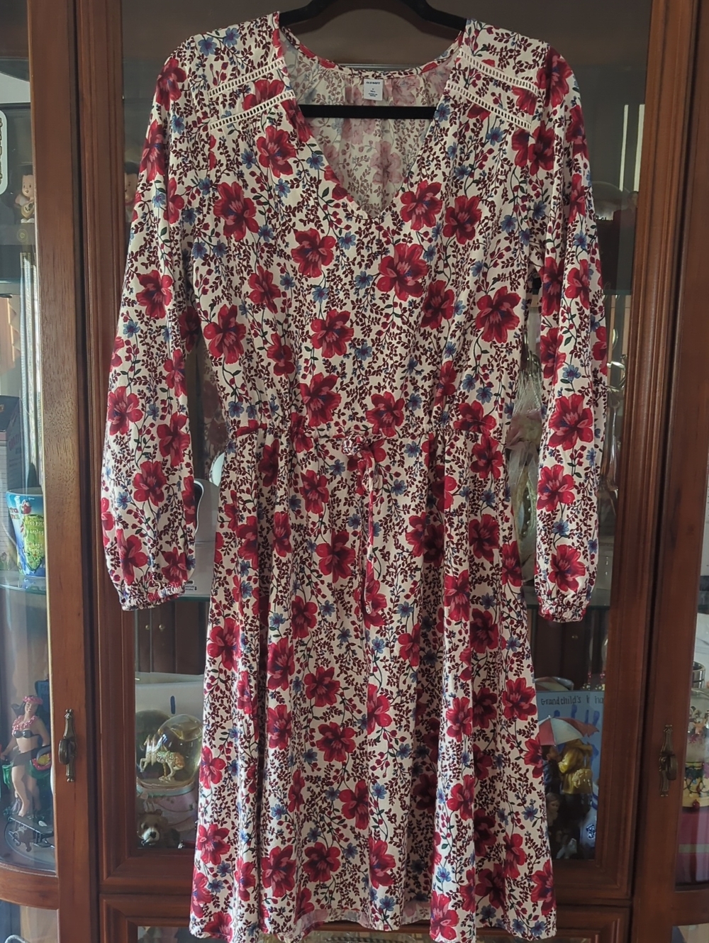 Old Navy Cream Floral V-Neck Long Sleeve Dress with Red Blooms